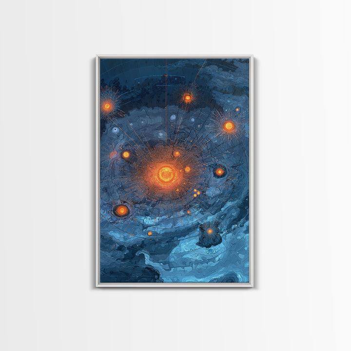 Blue Orange Planetary Orbit Canvas Print, Midcentury Modern Abstract Space Art, Atomic Poster, Geometric Office Decor Gift