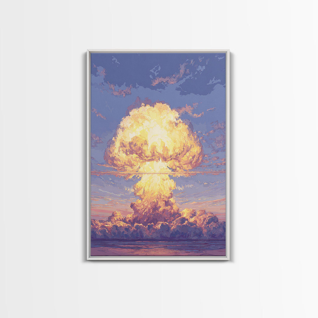 Glowing Nuclear Mushroom Cloud Over Ocean Wall Art, Retro Sci Fi Poster, Atomic Sunset Print, Dramatic Modern Wall Decor