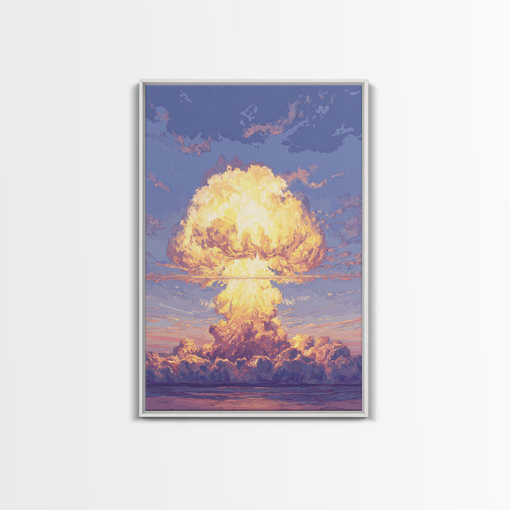Glowing Nuclear Mushroom Cloud Over Ocean Wall Art, Retro Sci Fi Poster, Atomic Sunset Print, Dramatic Modern Wall Decor