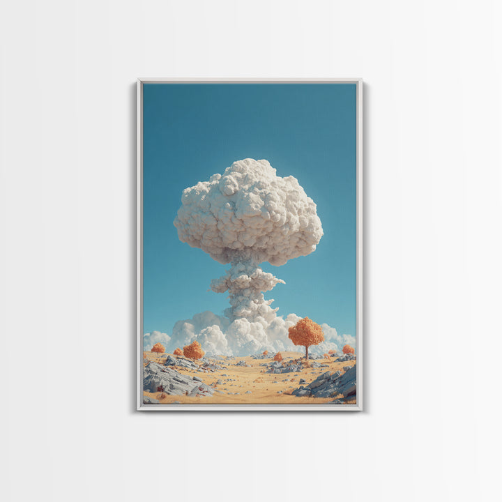 White Mushroom Cloud In Desert Landscape Framed Canvas Print, Surreal Atomic Art, Modern Wall Decor, Blue Sky Poster Print
