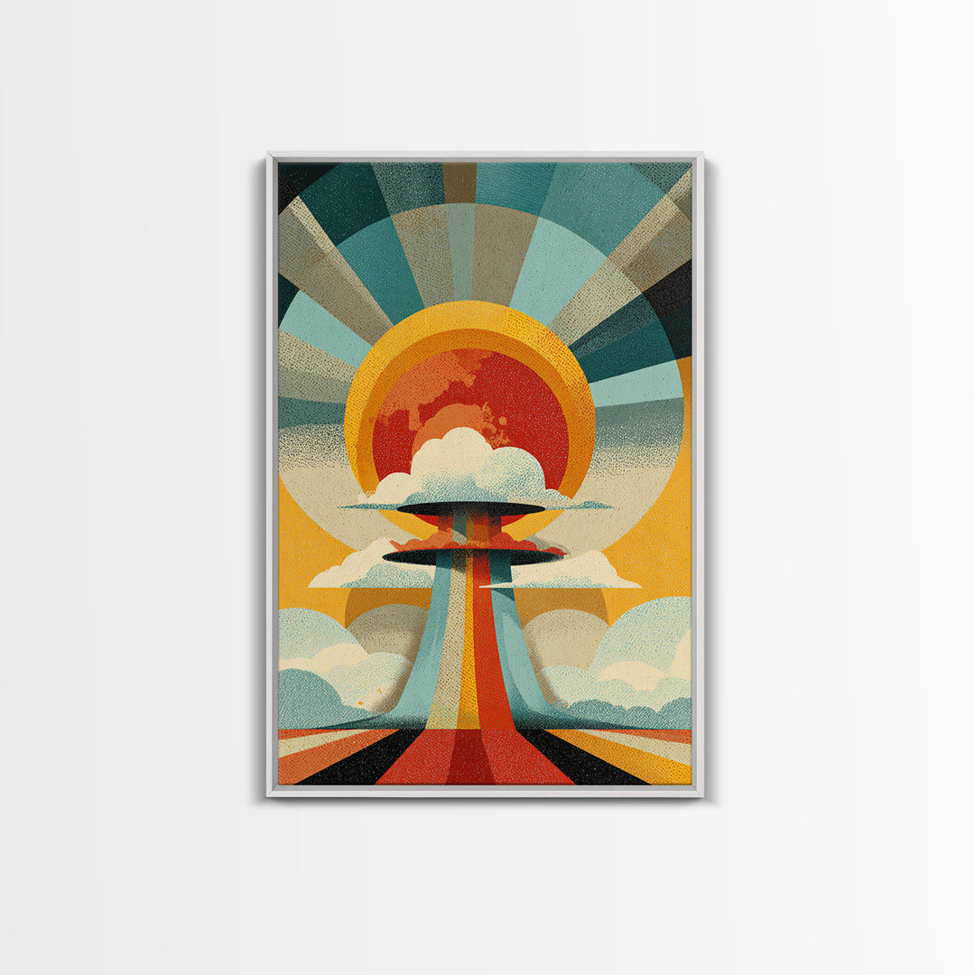 Retro Sunburst UFO Cloud Tower Canvas Print, Atomic Midcentury Modern Wall Art, Space Age Poster, Bold Geometric Decor Print
