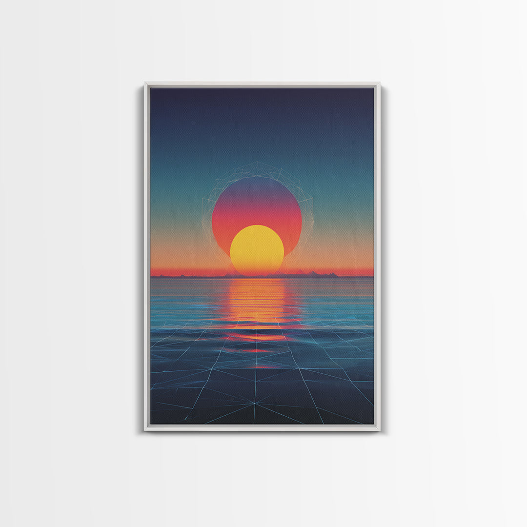 Neon Sunset Over Ocean Grid Wall Art, Synthwave Retro Poster, Vaporwave Modern Wall Decor, 80s Digital Art Print, Futuristic Decor