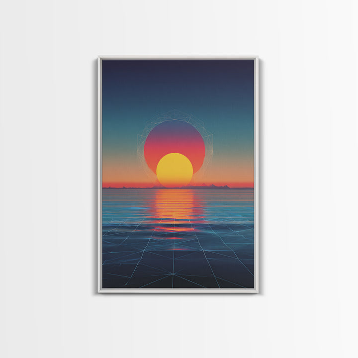 Neon Sunset Over Ocean Grid Wall Art, Synthwave Retro Poster, Vaporwave Modern Wall Decor, 80s Digital Art Print, Futuristic Decor