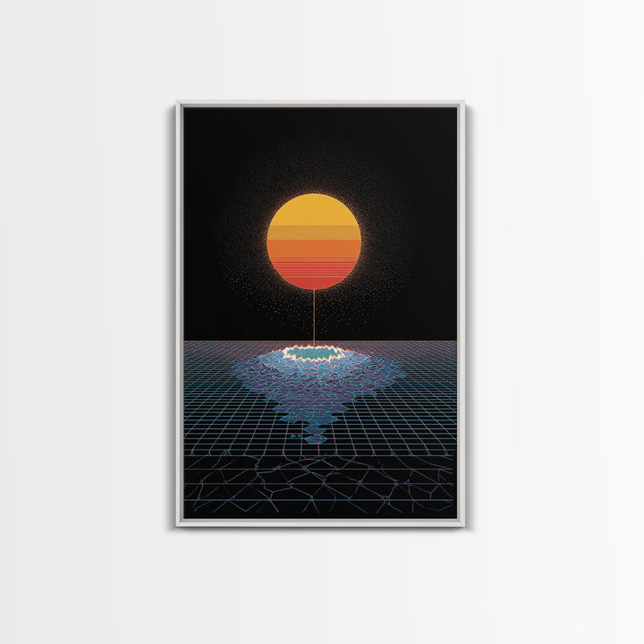 Minimal Retro Sun Over Digital Grid Canvas Print, Black Sci Fi Wall Art, Vaporwave Poster, Modern Geometric Decor Print Gift