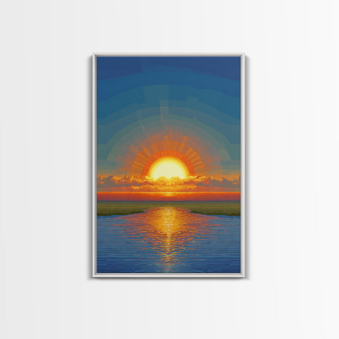 Golden Sunrise Over Calm Water Wall Art, Pixel Style Midcentury Poster, Modern Abstract Landscape, Living Room Decor Print