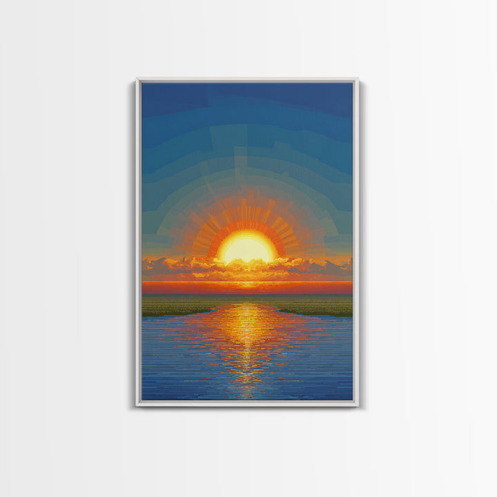 Golden Sunrise Over Calm Water Wall Art, Pixel Style Midcentury Poster, Modern Abstract Landscape, Living Room Decor Print