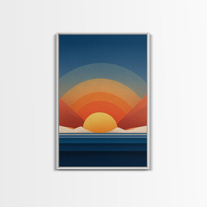 Geometric Desert Sunrise With Red Mountains Framed Canvas Print, Midcentury Modern Wall Art, Orange Blue Abstract Decor Poster