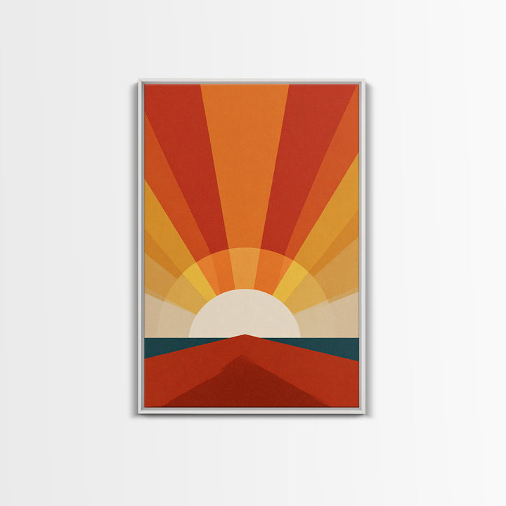 Bold Retro Sunrise Rays Over Ocean Road Canvas Print, 70s Wall Art Poster, Midcentury Modern Decor, Orange Sun Print Gift