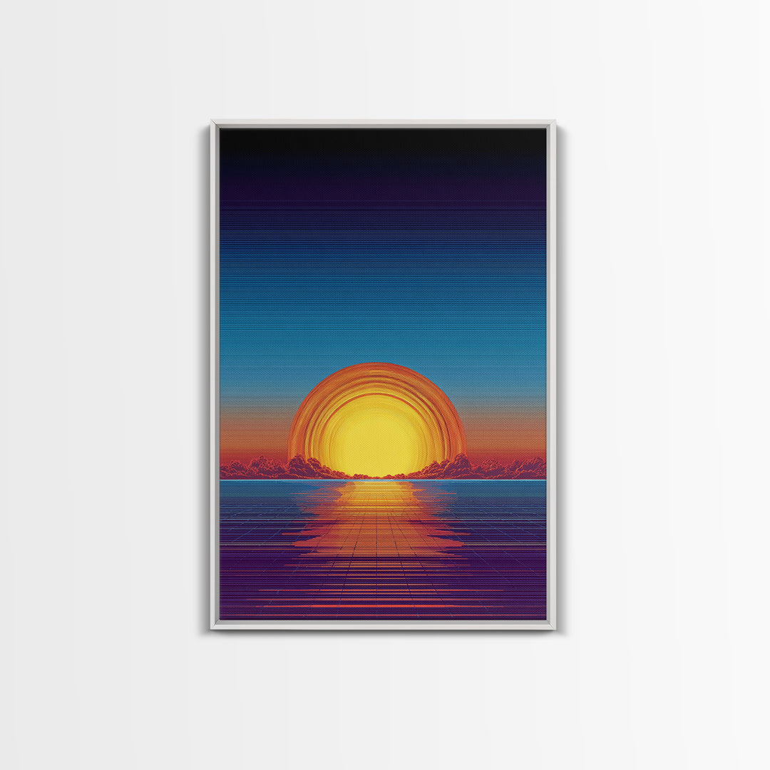 Neon Retro Sunset Over Ocean Grid Wall Art, Synthwave 80s Poster, Vaporwave Decor, Modern Digital Art, Blue Orange Print