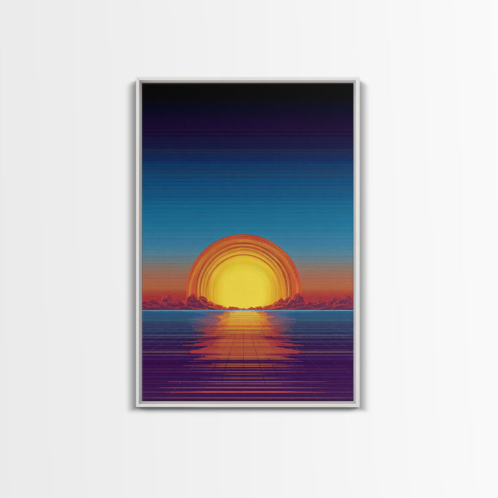 Neon Retro Sunset Over Ocean Grid Wall Art, Synthwave 80s Poster, Vaporwave Decor, Modern Digital Art, Blue Orange Print