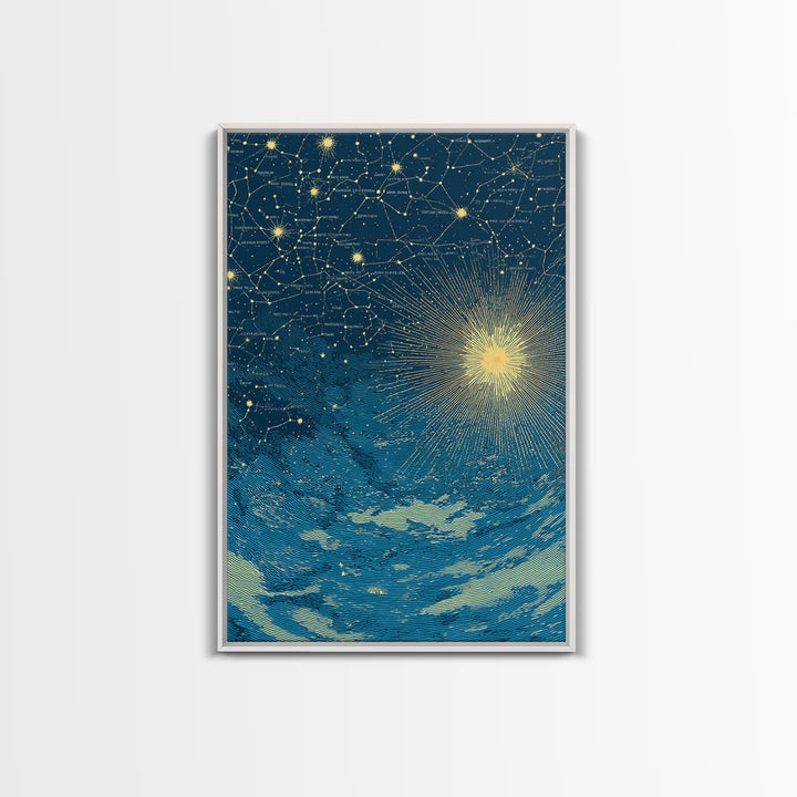 Blue Gold Celestial Starburst Canvas Print, Constellation Night Sky Wall Art, Space Abstract Art, Modern Poster, Spiritual Decor