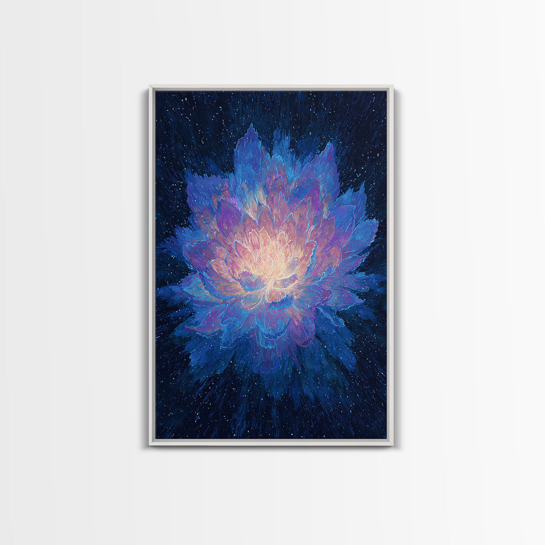 Radiant Blue Lotus Canvas Print, Spiritual Floral Wall Art, Luminous Abstract Flower Poster, Yoga Meditation Room Decor Gift