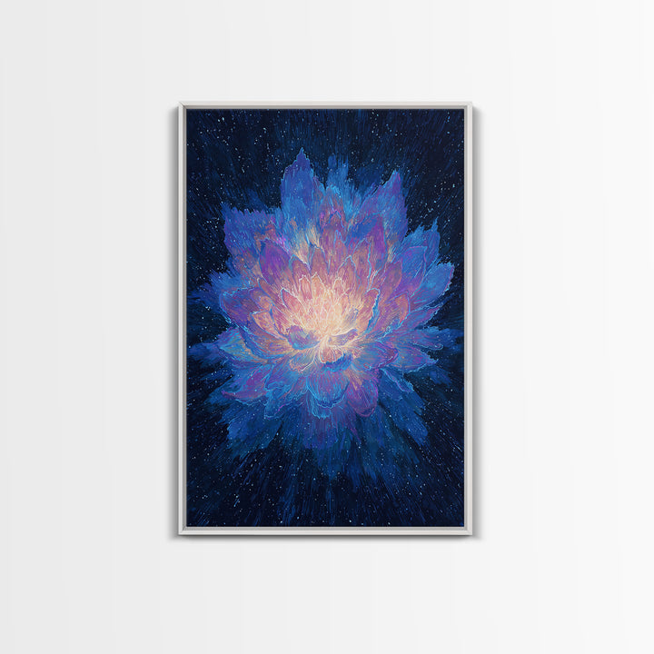 Radiant Blue Lotus Canvas Print, Spiritual Floral Wall Art, Luminous Abstract Flower Poster, Yoga Meditation Room Decor Gift