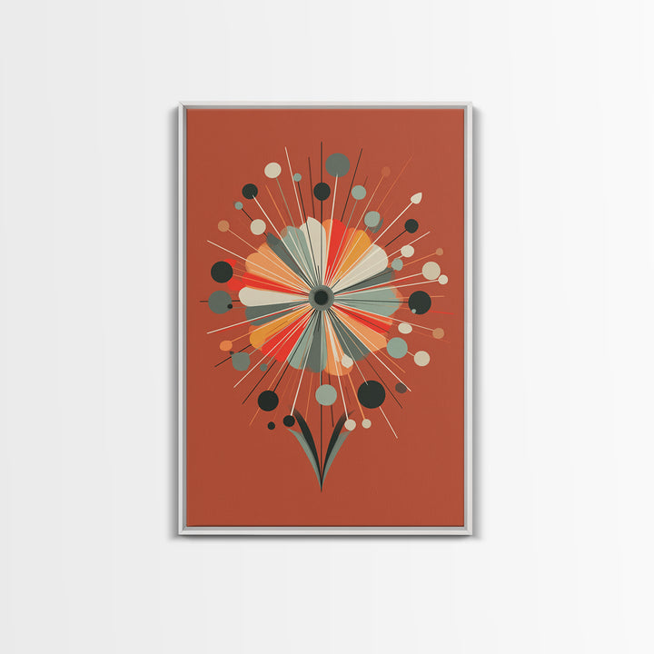 Rust Orange Atomic Flower Wall Art, Midcentury Modern Canvas Print, Geometric Retro Poster, MCM Living Room Decor Gift Idea