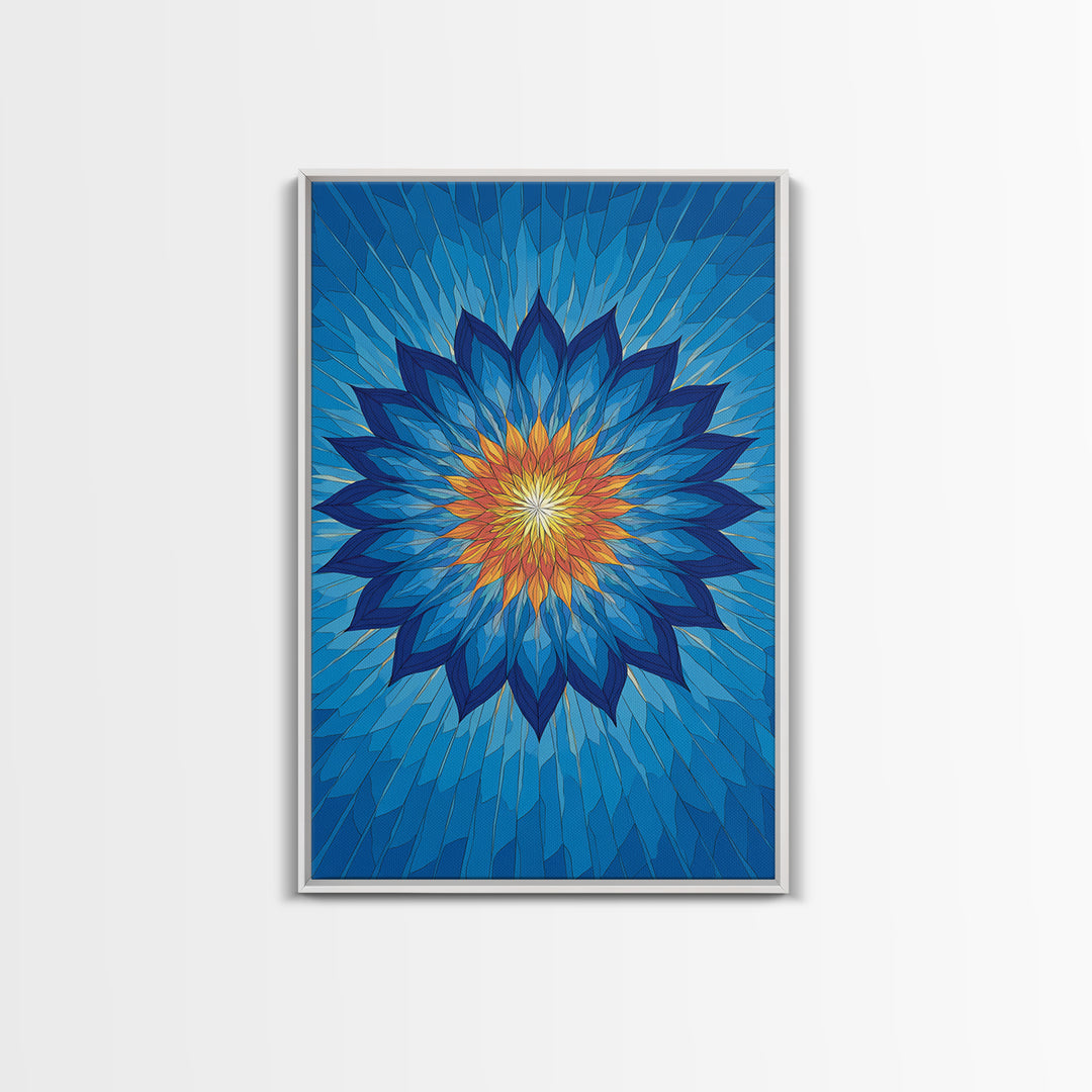 Blue Geometric Lotus Mandala Canvas Print, Abstract Floral Wall Art, Modern Spiritual Poster, Yoga Meditation Decor Gift Idea