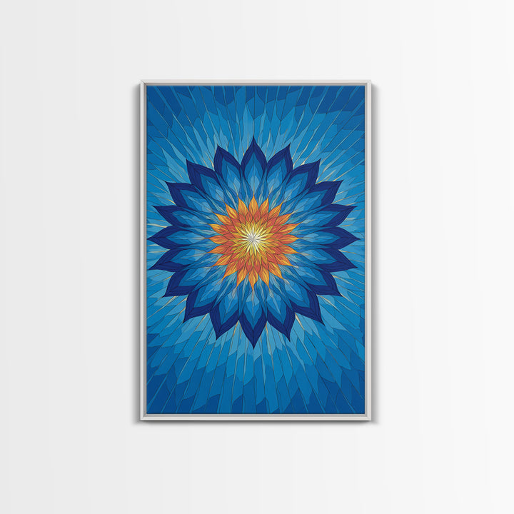 Blue Geometric Lotus Mandala Canvas Print, Abstract Floral Wall Art, Modern Spiritual Poster, Yoga Meditation Decor Gift Idea