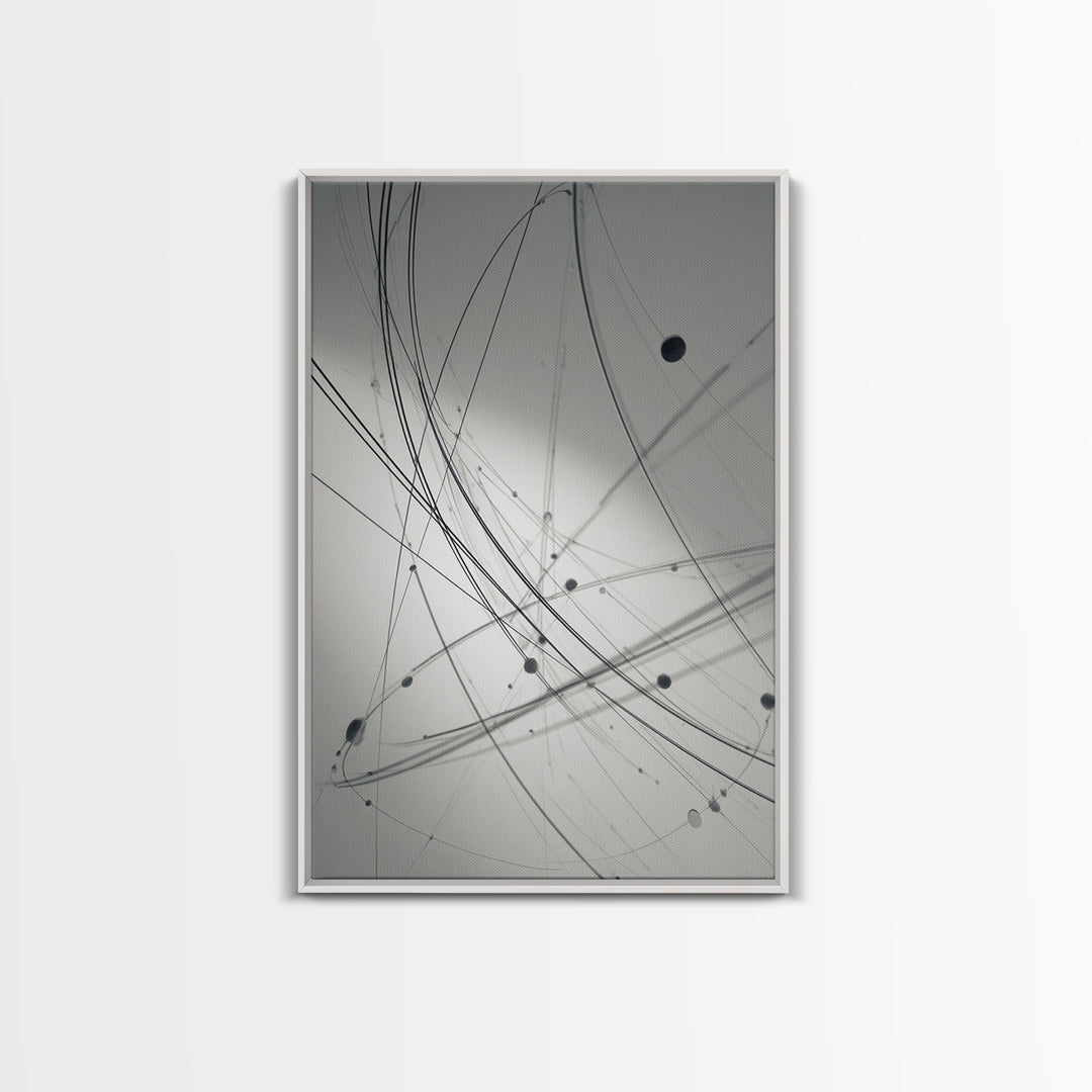 Gray Network Line Framed Canvas Print, Modern Abstract Art, Minimalist Wall Decor, Kinetic Sculpture Inspired Office Art