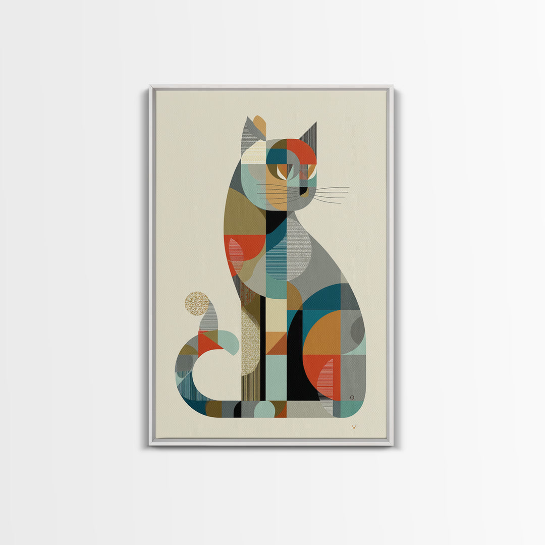Minimalist Geometric Cat Framed Canvas Print, Midcentury Modern Animal Art, Bauhaus Poster, Neutral Scandinavian Decor Gift