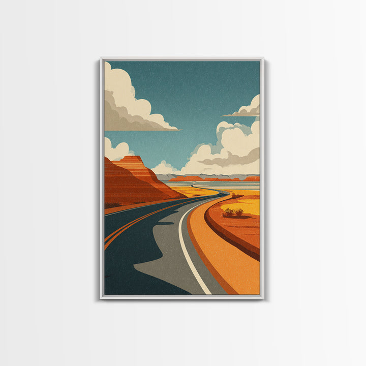 Winding Desert Highway With Red Mesas Wall Art, Mid Century Modern Travel Poster, Retro Southwest Road Trip Decor Print Gift