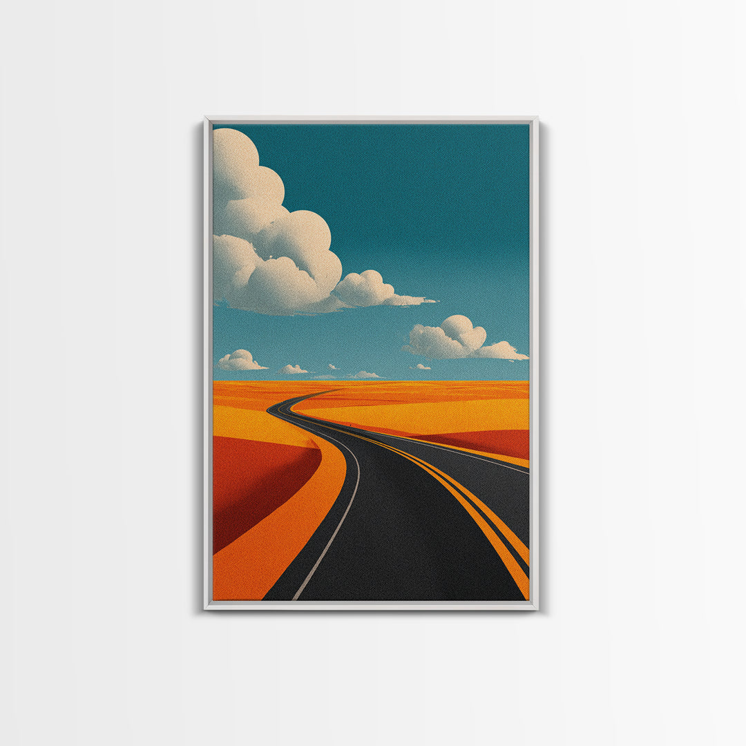 Curving Blacktop Across Orange Desert Canvas Print, Mid Century Modern Wall Art, Retro Road Trip Landscape Poster Home Decor