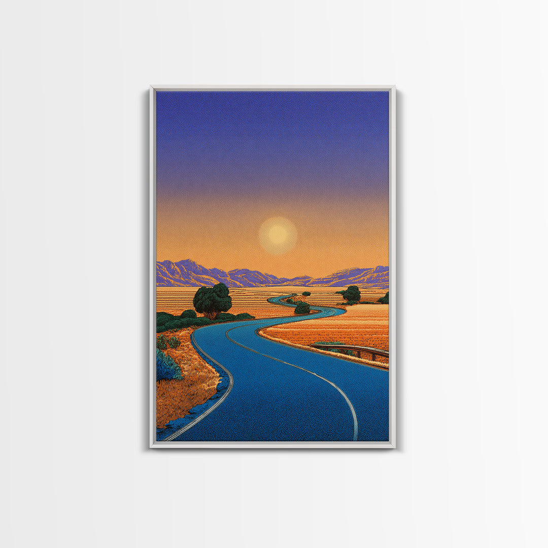 Golden Sunset Road Through Valley Wall Art, Mid Century Modern Landscape Print, Retro California Desert Home Decor Poster