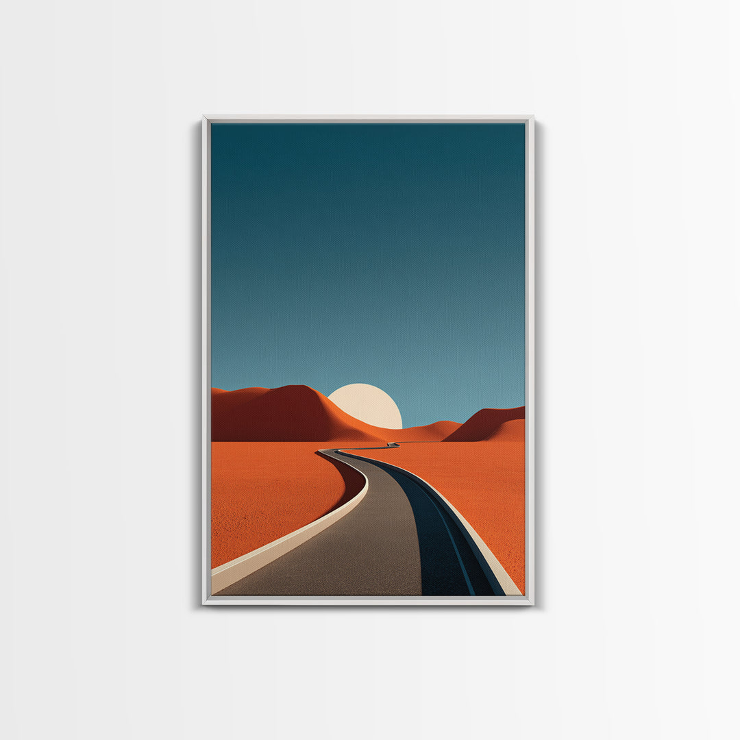 Minimal Desert Road With Low Sun Framed Canvas Print, Modern Abstract Wall Art, Midcentury Southwest Landscape Decor Poster