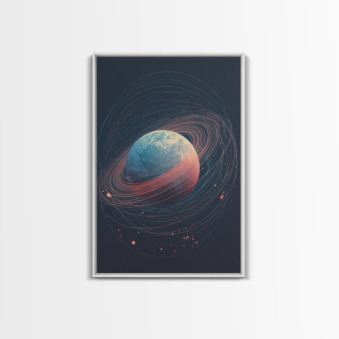 Textured Ringed Planet In Deep Space Wall Art, Modern Abstract Art Print, Retro Sci Fi Cosmic Home Decor Canvas Poster Gift