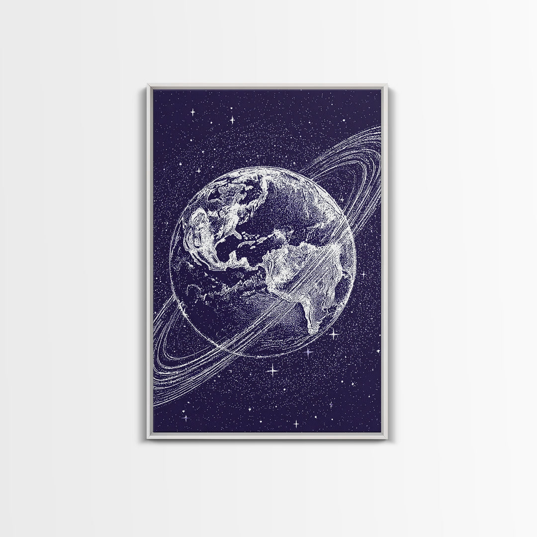 Purple Starry Earth With Saturn Rings Canvas Print, Cosmic Retro Wall Art, Modern Space Poster For Bedroom Decor Gift Print