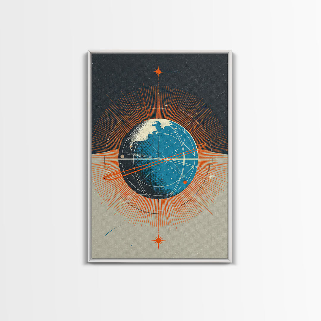 Orange Orbit Planet With Radiating Lines Framed Canvas Print, Modern Abstract Wall Art, Retro Sci Fi Space Decor Poster Gift