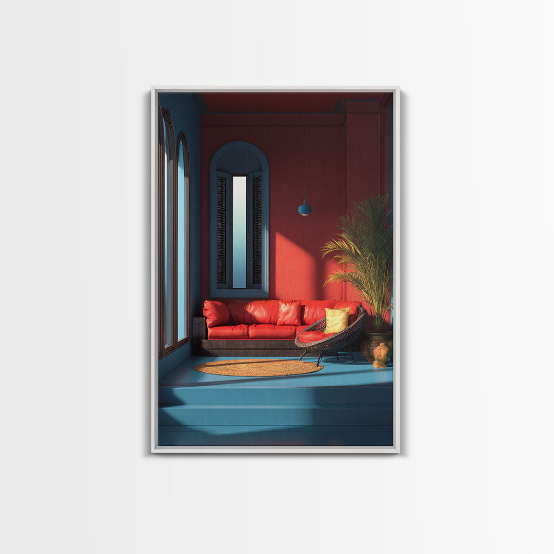 Red Sofa Blue Arch Interior Wall Art, Midcentury Modern Decor, Palm Springs Style, Bold Living Room Canvas Print Statement Home Decor