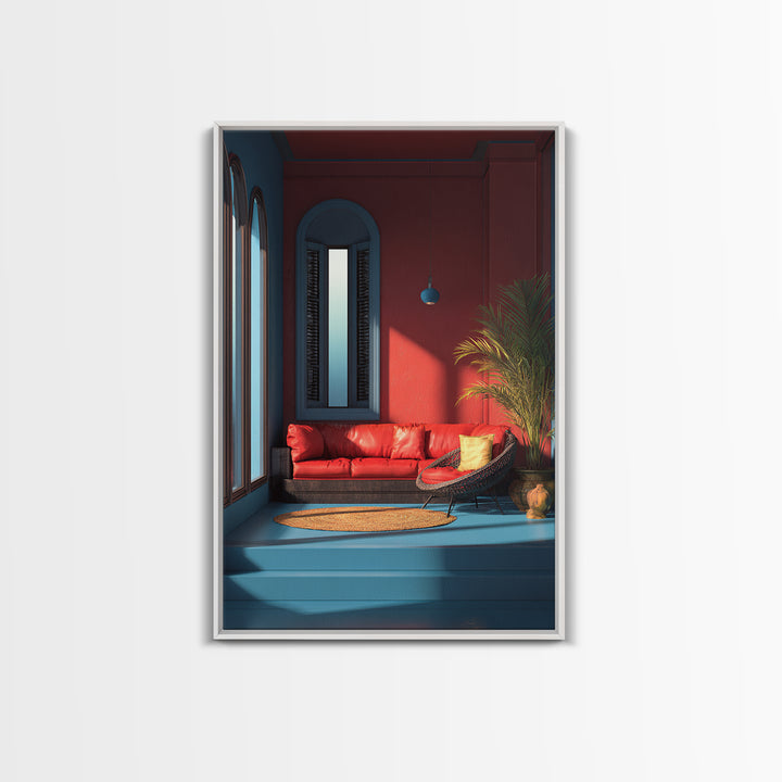 Red Sofa Blue Arch Interior Wall Art, Midcentury Modern Decor, Palm Springs Style, Bold Living Room Canvas Print Statement Home Decor