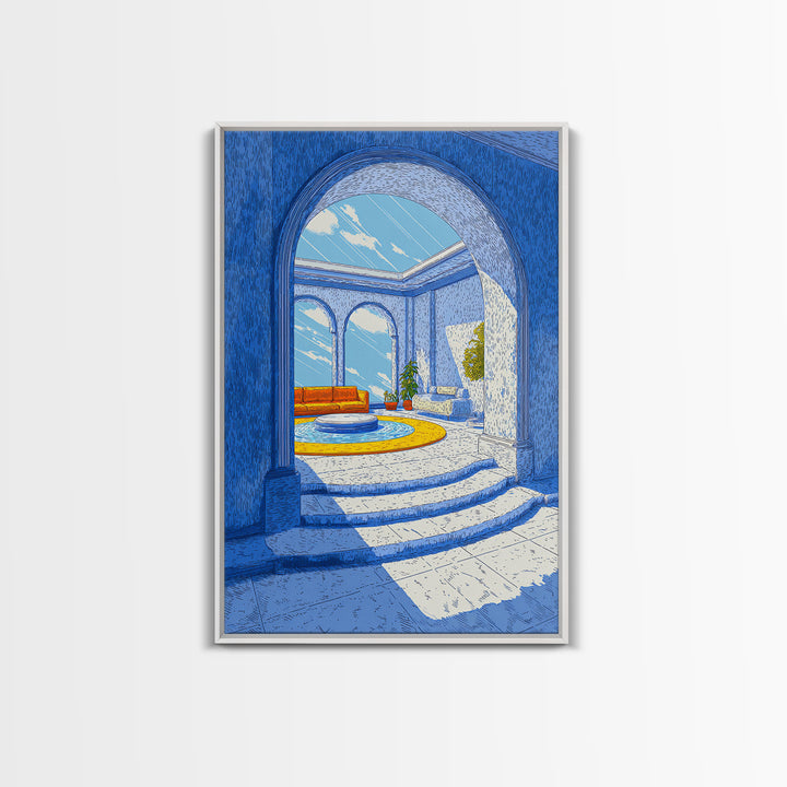 Blue Arched Sunroom With Orange Sofa Framed Canvas Print, Midcentury Modern Wall Art, Mediterranean Living Room Decor Poster