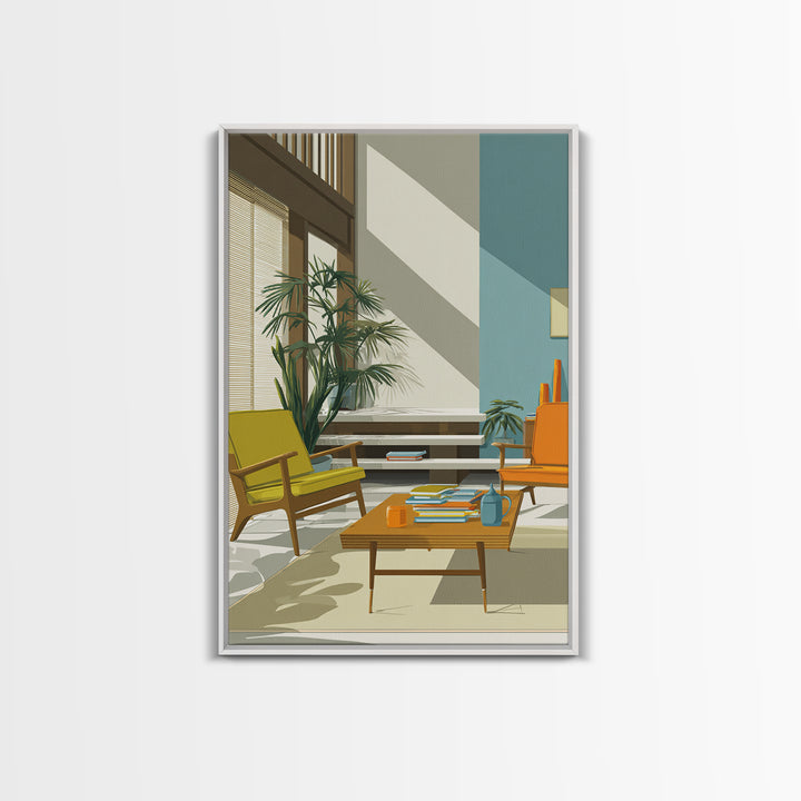 Yellow And Orange Lounge Chairs Canvas Print, Midcentury Modern Wall Art, Retro Living Room Decor, MCM Home Office Art Print