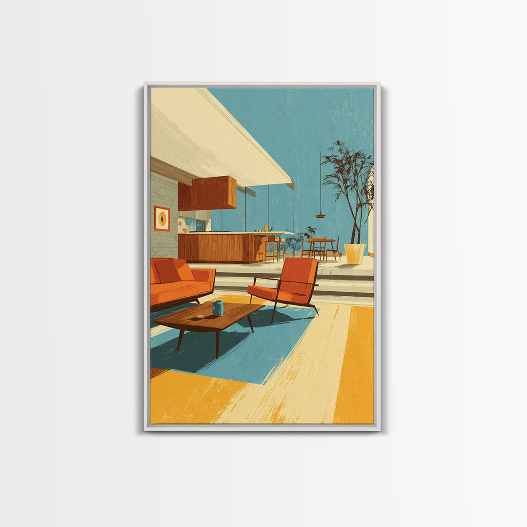 Orange Patio Chairs And Sunny Kitchen Wall Art, Midcentury Modern Decor, Retro Palm Springs Canvas Print, Bright Home Decor