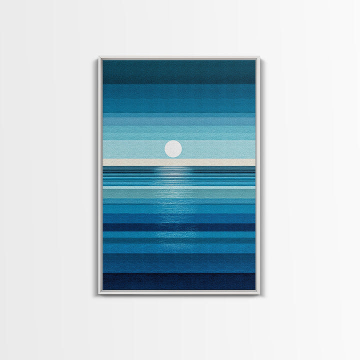 Minimal Blue Ocean Moon Stripes Wall Art, Modern Abstract Art Print, Coastal Bedroom Decor, Scandinavian Modern Canvas Print