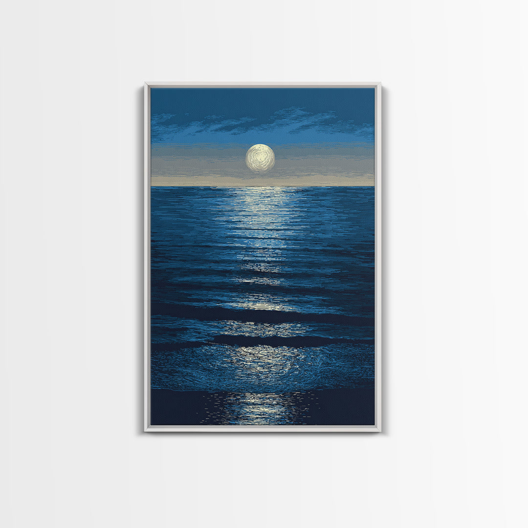 Moonlit Ocean Reflection Framed Canvas Print, Blue Wall Art, Modern Seascape Poster, Coastal Living Room And Bedroom Decor