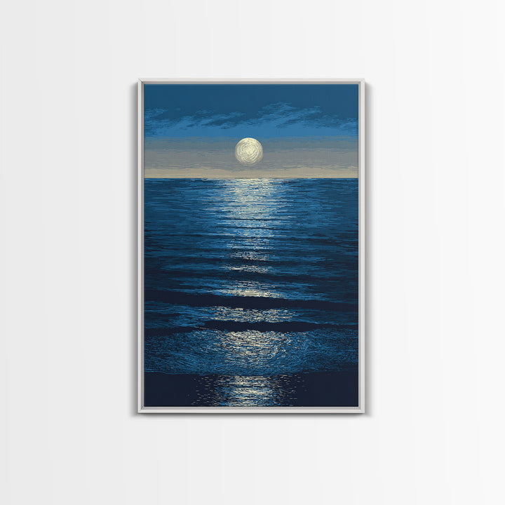 Moonlit Ocean Reflection Framed Canvas Print, Blue Wall Art, Modern Seascape Poster, Coastal Living Room And Bedroom Decor