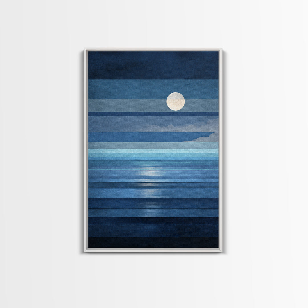 Minimalist Blue Moon Seascape Wall Art, Modern Abstract Ocean Print, Coastal Bedroom Decor, Large Canvas Print For Living Room