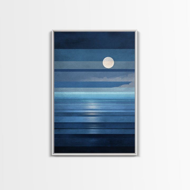 Minimalist Blue Moon Seascape Wall Art, Modern Abstract Ocean Print, Coastal Bedroom Decor, Large Canvas Print For Living Room