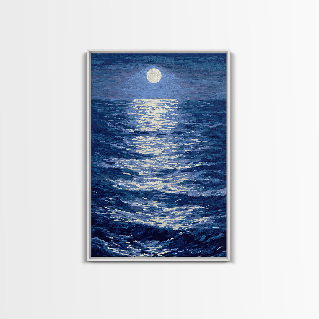 Textured Moonlit Waves Canvas Print, Blue Wall Art, Coastal Seascape Painting, Modern Living Room Decor, Ocean Art Print