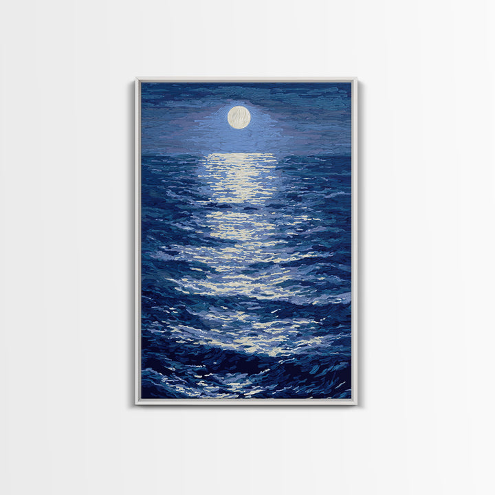 Textured Moonlit Waves Canvas Print, Blue Wall Art, Coastal Seascape Painting, Modern Living Room Decor, Ocean Art Print