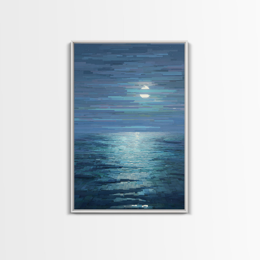 Pixelated Moon Over Calm Sea Wall Art, Modern Digital Art, Blue Coastal Canvas Print, Abstract Seascape Living Room Decor