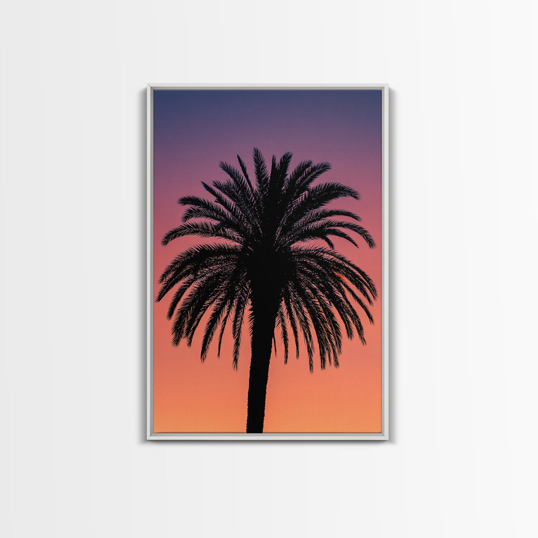 Black Palm Silhouette At Purple Orange Sunset Wall Art, Retro Tropical Poster, Palm Springs Decor, Coastal Home Decor Print