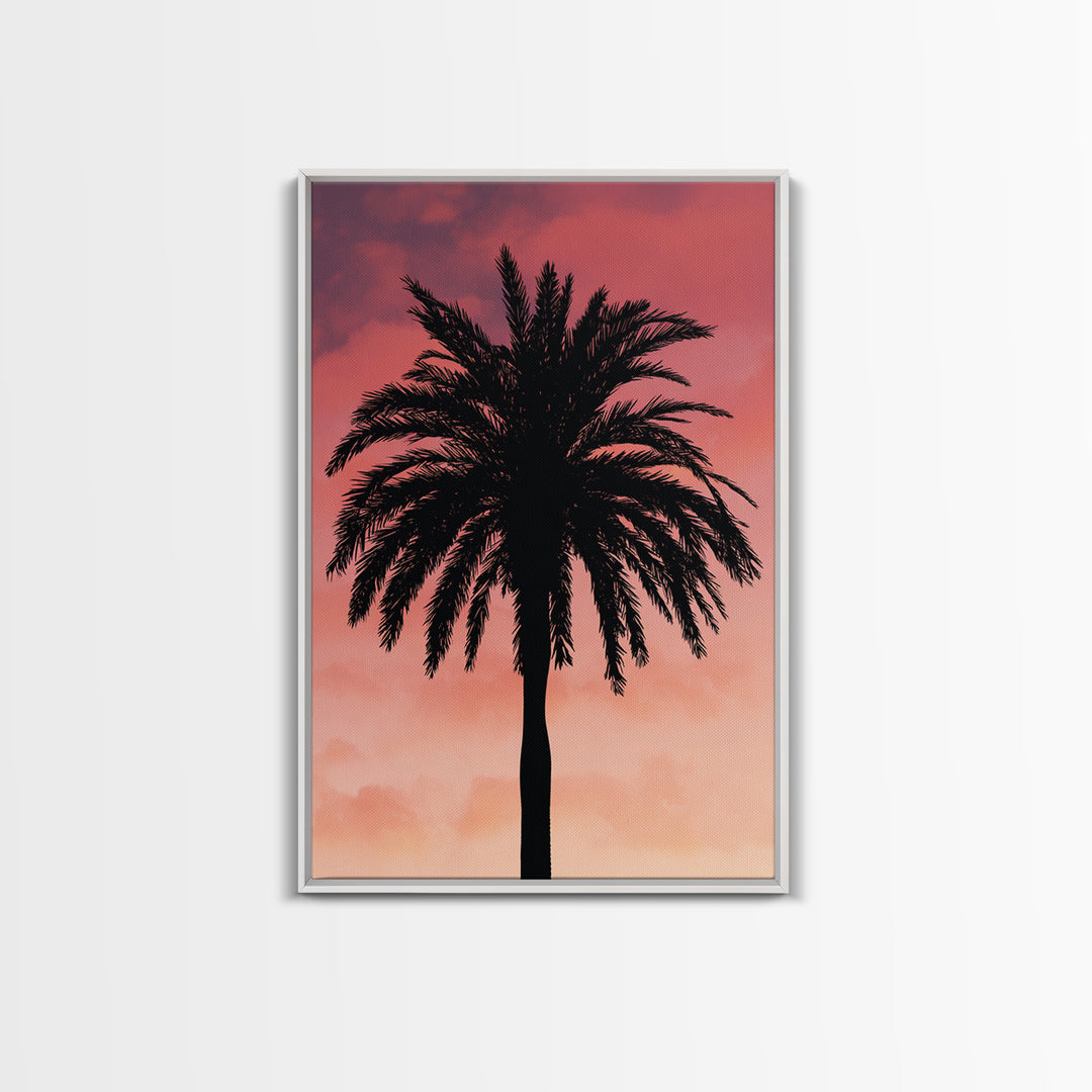 Cloudy Coral Palm Silhouette Sunset Canvas Print, Retro Tropical Wall Decor, Palm Springs Poster, Coastal Bedroom Art Print
