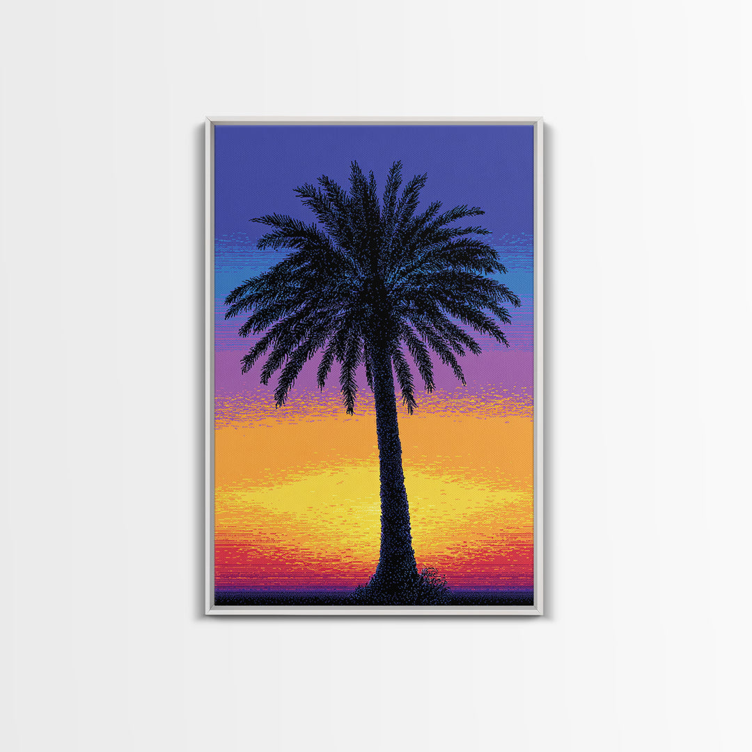 Pixel Palm Tree Against Blue Yellow Sunset Wall Art, Retro Digital Poster, Tropical MCM Wall Decor, Colorful Coastal Print
