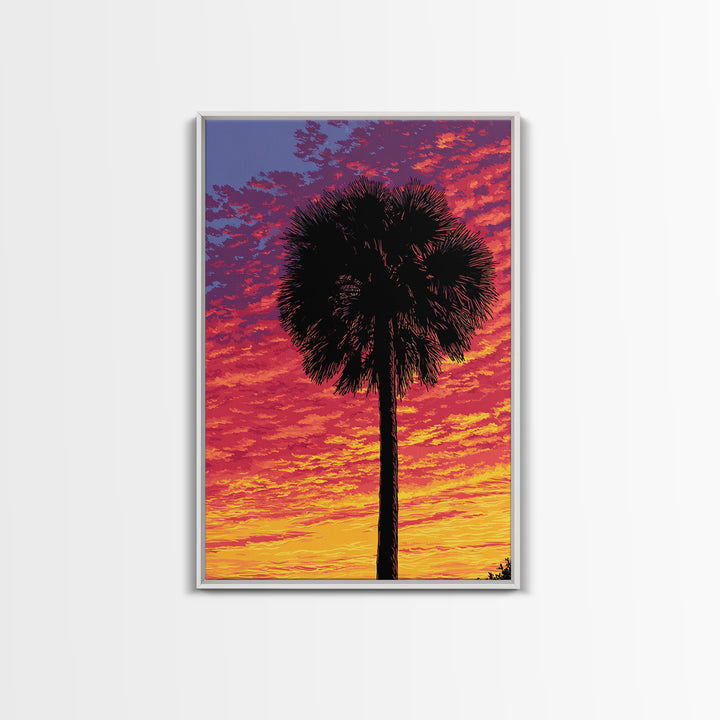 Fiery Palmetto Silhouette In Magenta Sunset Wall Art, Retro Tropical Poster, Palm Springs Decor, Bold Coastal Art Print Gift