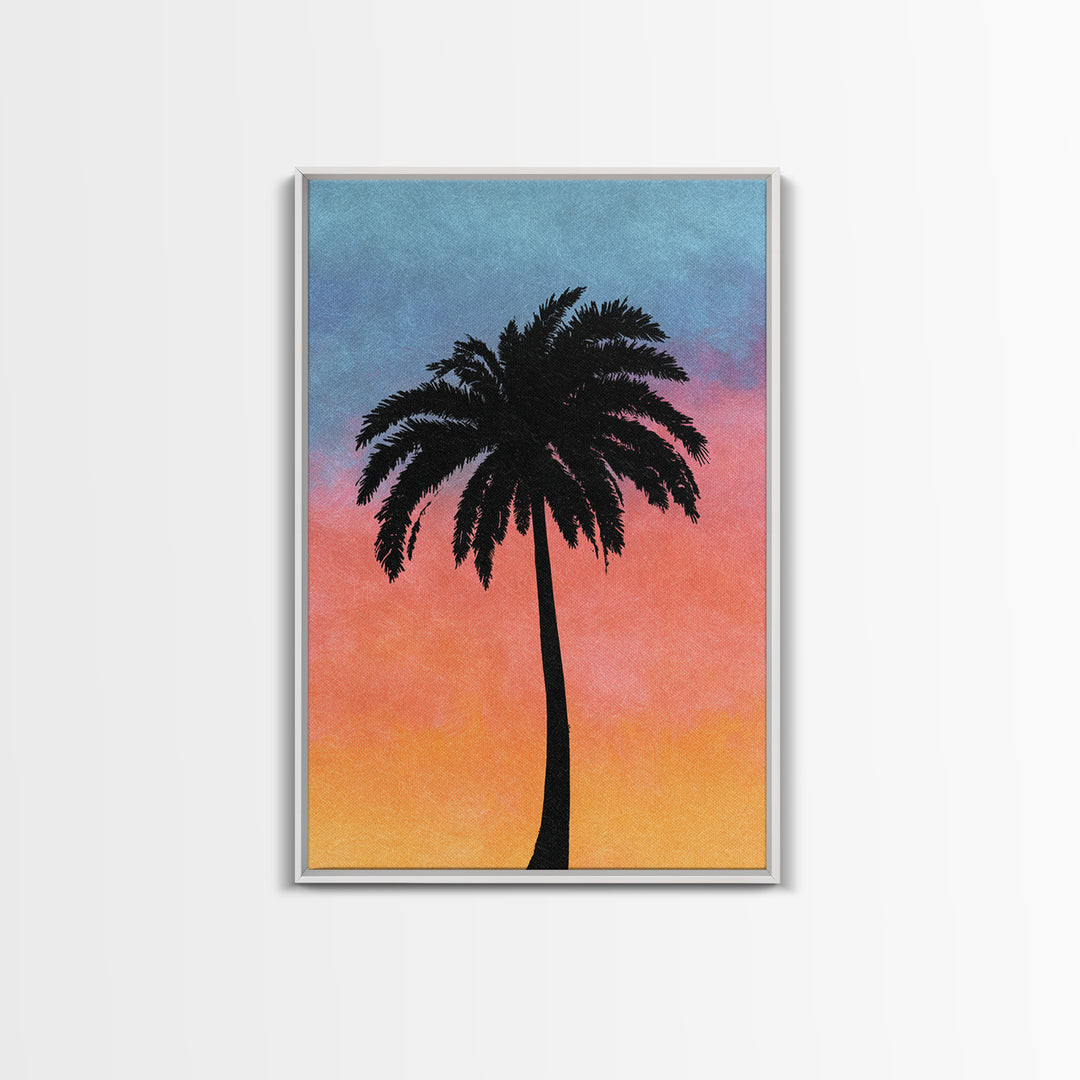 Textured Palm Silhouette With Coral Blue Sky Canvas Print, Retro Tropical Wall Decor, Palm Springs Style, Coastal Art Print