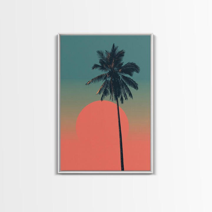 Minimal Palm Tree With Coral Sun Canvas Print, Retro Tropical Poster, Palm Springs Decor, Mid Century Modern Wall Art Print