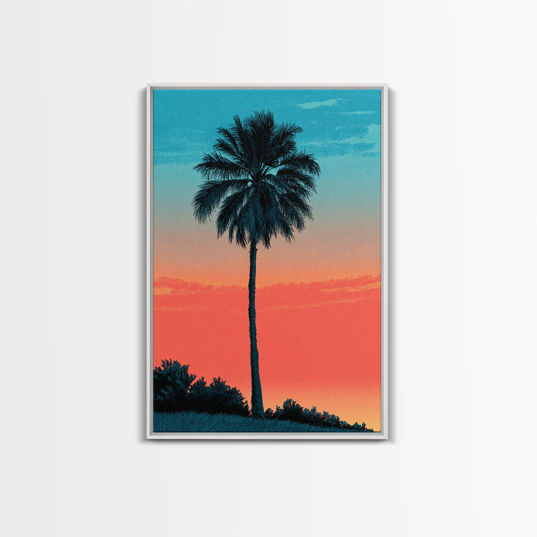 Tall Palm Silhouette In Turquoise Coral Sunset Wall Art, Retro Tropical Poster, Palm Springs Decor, Coastal Home Art Print