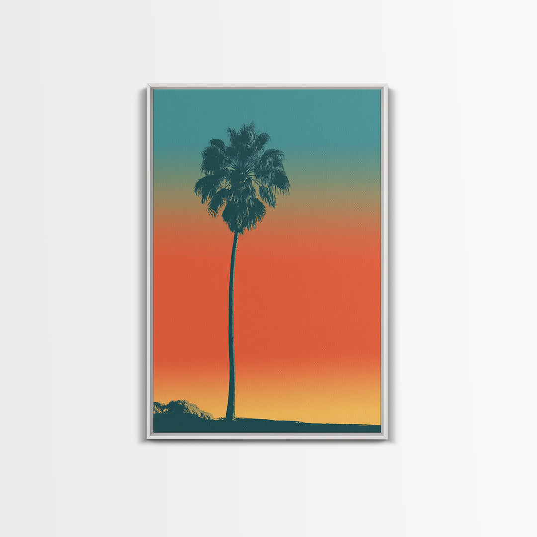 Lone Palm Tree On Orange Teal Horizon Canvas Print, Minimal Retro Tropical Poster, Palm Springs Decor, Coastal Wall Art Print